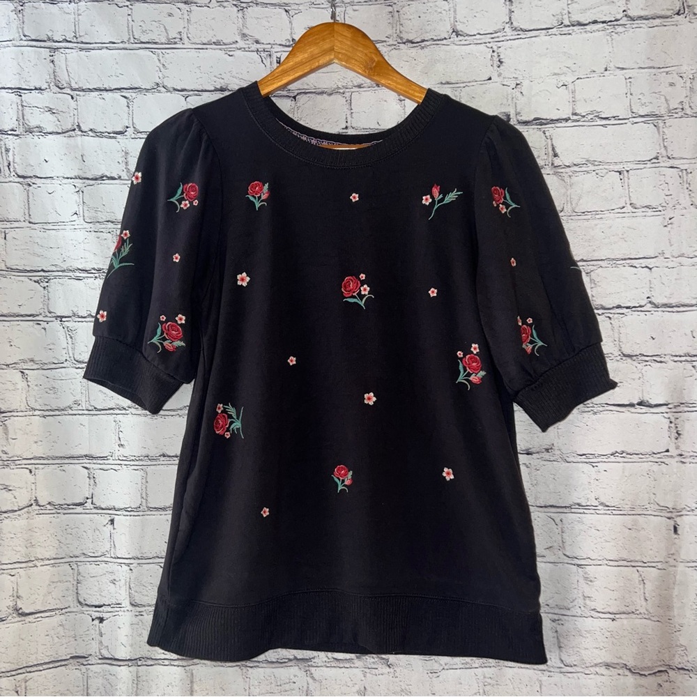 Knox Rose Romantic Casual Embroidered Floral Short Sleeve Blouse Size Small